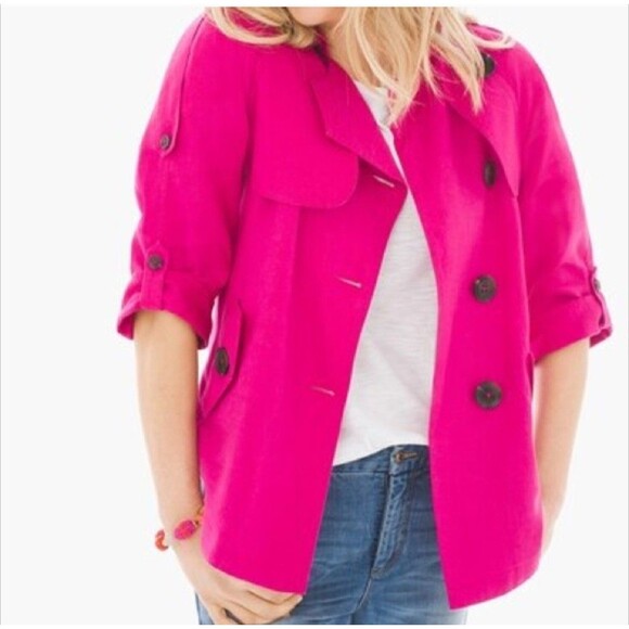 NWT Chicos Jacket Womens 1 M Pink Linen Cropped Trench Coat Button Pockets New - Picture 1 of 9